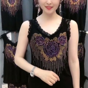2020夏季网红新款高含棉吊带背心女镶钻蕾丝花边玫瑰花无袖上衣女