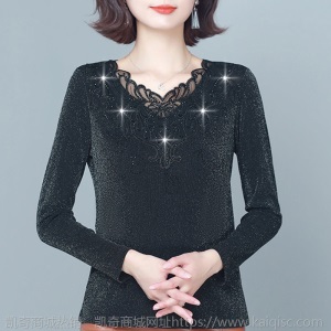 加绒/不加绒网纱V领打底衫女秋冬季新款加绒加厚保暖t恤蕾丝上衣