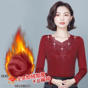 加绒/不加绒网纱V领打底衫女秋冬季新款加绒加厚保暖t恤蕾丝上衣
