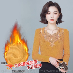 加绒/不加绒网纱V领打底衫女秋冬季新款加绒加厚保暖t恤蕾丝上衣