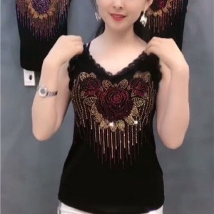 2020夏季网红新款高含棉吊带背心女镶钻蕾丝花边玫瑰花无袖上衣女