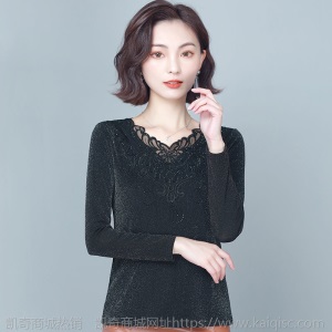 加绒/不加绒网纱V领打底衫女秋冬季新款加绒加厚保暖t恤蕾丝上衣