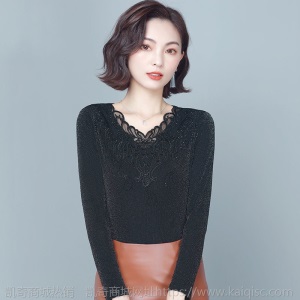 加绒/不加绒网纱V领打底衫女秋冬季新款加绒加厚保暖t恤蕾丝上衣