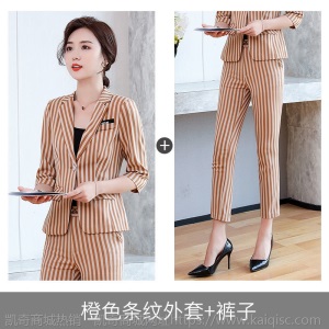 高档休闲西装套装女正装时尚职业装大码洋气秋冬条纹显瘦西服外套