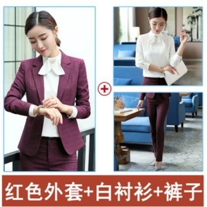 职业装女长袖春秋新款OL格子西装套装时尚正装两件套面试工作服女