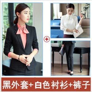 职业装女长袖春秋新款OL格子西装套装时尚正装两件套面试工作服女