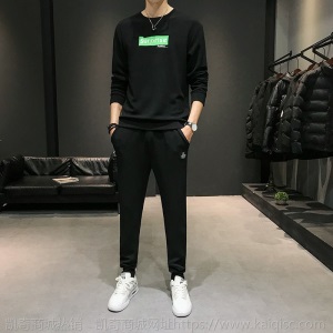 SUP秋季新款长袖圆领印花卫衣套装男韩版潮流长裤休闲运动两件套