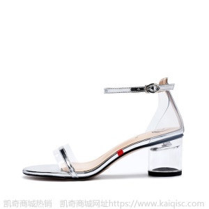 凉鞋女夏2021年新款透明跟中跟粗跟一字带时尚性感银色罗马女鞋子