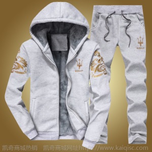 冬季加绒男装休闲运动服套装外套男加厚休闲时尚连帽玛莎拉蒂潮