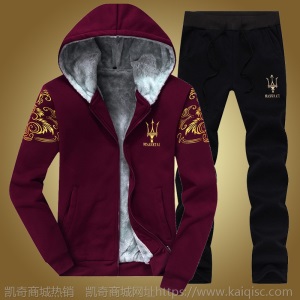 冬季加绒男装休闲运动服套装外套男加厚休闲时尚连帽玛莎拉蒂潮