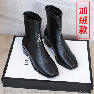 靴子女短靴2021新款春秋单靴中跟粗跟瘦瘦靴前拉链中筒靴小码女靴