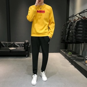 SUP秋季新款长袖圆领印花卫衣套装男韩版潮流长裤休闲运动两件套