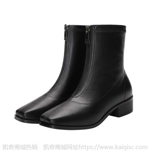 靴子女短靴2021新款春秋单靴中跟粗跟瘦瘦靴前拉链中筒靴小码女靴