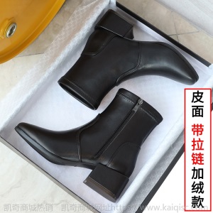 绒面靴子女短靴2021新款春秋单靴拉链粗跟中跟瘦瘦靴小码大码女靴