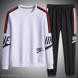 2021春季新款条纹休闲运动套装NK印花大码长袖圆领韩版卫衣男装潮