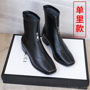 靴子女短靴2021新款春秋单靴中跟粗跟瘦瘦靴前拉链中筒靴小码女靴