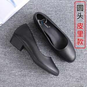 单鞋女春款2021年新款粗跟中跟圆头皮鞋黑色工作鞋大码小码女鞋子