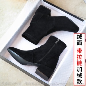 绒面靴子女短靴2021新款春秋单靴拉链粗跟中跟瘦瘦靴小码大码女靴