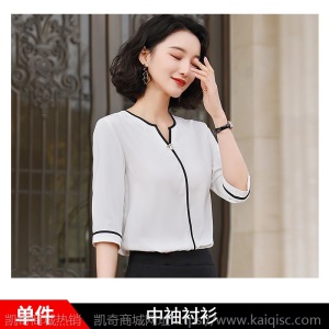 雪纺衬衫女2020春夏装新款V领衬衣女设计感小众中袖上衣女职业装