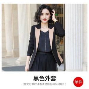 2019秋季新款时尚套装女装气质杏色黑色小西装上衣网纱裙两件套