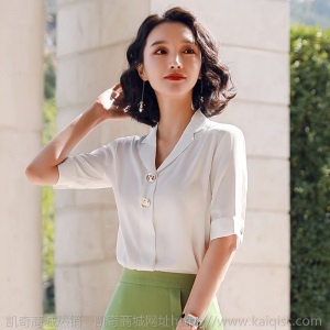 v领白色衬衫女设计感小众2020夏装新款时尚洋气雪纺中袖职业衬衣