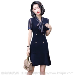 职业连衣裙女2020夏季新款时尚韩版蓝色裙子短袖收腰蝴蝶结工作服