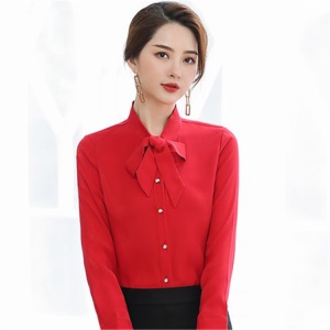 红色V领衬衣女修身时尚气质职业装休闲女士衬衫显瘦2019新款韩版