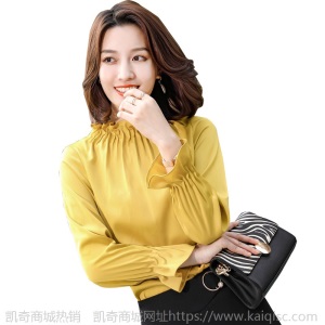 宽松喇叭袖衬衫女春秋新款时尚立领长袖衬衣韩版百搭杏色雪纺上衣