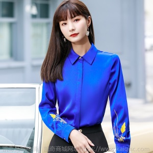 衬衫女2020春秋新款蓝色刺绣职场正装修身显瘦百搭工作服长袖衬衣