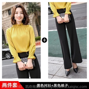 宽松喇叭袖衬衫女春秋新款时尚立领长袖衬衣韩版百搭杏色雪纺上衣