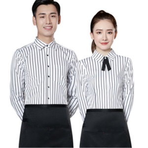 酒店工作服男女秋装咖啡厅餐饮火锅店服务员条纹衬衫长袖制服围裙