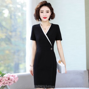 职业装女售楼部珠宝店销售工作服春夏装美容师影楼修身V领连衣裙