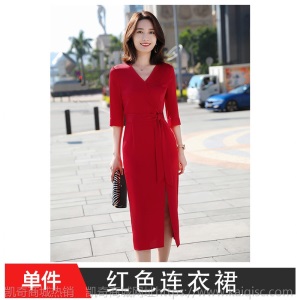 中长款侧开叉裙子女2020春新款连衣裙蝴蝶结系带收腰显瘦打底裙