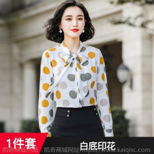 时尚百搭轻熟衬衣女士波点系带蝴蝶结短袖衬衫 复古长袖印花衬衫