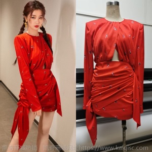 明星跨年虞书欣同款衣服2020年红色印花不规则连衣裙礼服女小红裙