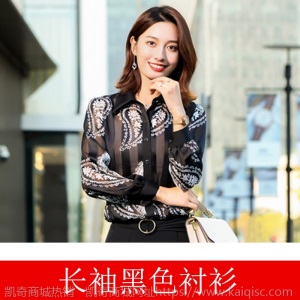高端雪纺黑色长袖透肉条纹衬衫女设计感小众时尚气质印花衬衣上衣