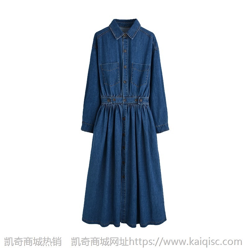 实拍时髦复古中长款收腰牛仔连衣裙女2020年秋季新款单排扣长裙女