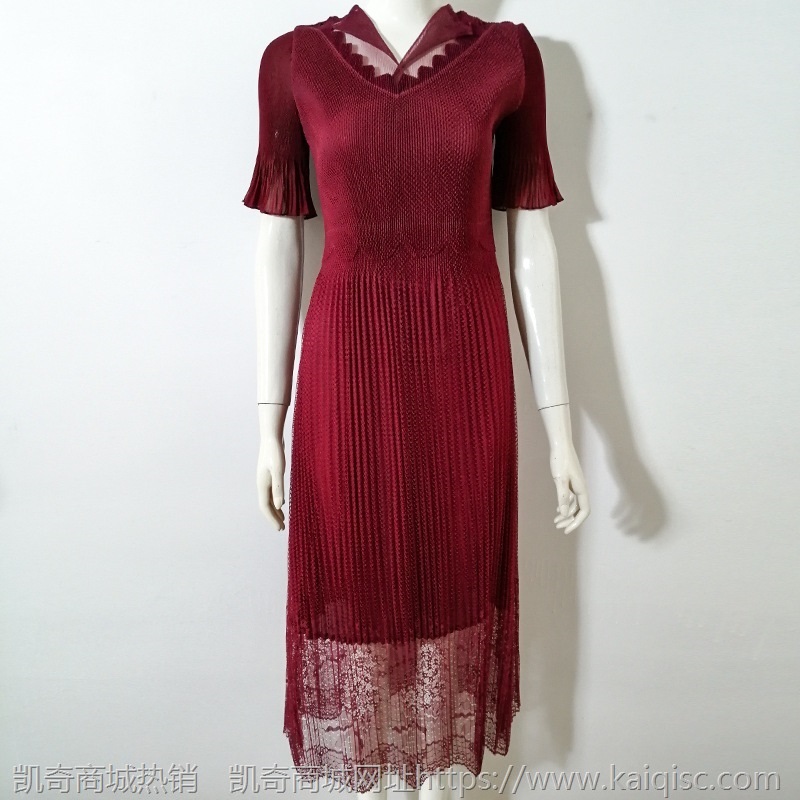 三宅网纱连衣裙时尚女装2021秋女款内搭裙过膝打底裙 V领蕾丝洋装