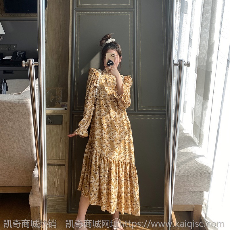 仓古木2021秋季新品纯色长袖不规则碎花连衣裙女韩版显瘦长裙3835