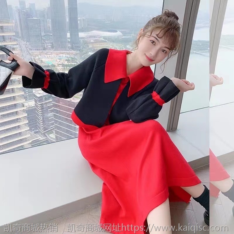 针织连衣裙2020春秋新款法式小众收腰洋气长款毛衣裙女假两件开衫