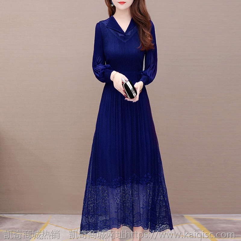 三宅网纱连衣裙时尚女装2021秋女款内搭裙过膝打底裙 V领蕾丝洋装