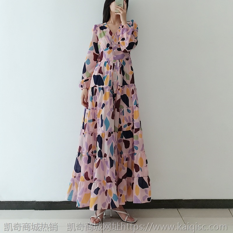 2021秋季新款国风复古印花连衣裙女款 V字领长袖高腰显瘦时尚长裙