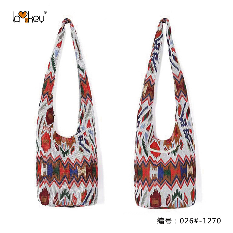 厂批 女士单肩斜挎 文艺范水桶包 麻棉印花提花bag 休闲布包
