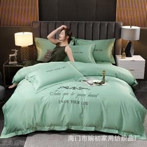 水洗天丝四件套素色简约刺绣款家纺四件套仿真丝4件套