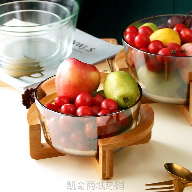 【♥首购3元♥】简约竹木底座玻璃水果盘客厅零食盘家用水果碗沙拉碗餐厅自助餐碗