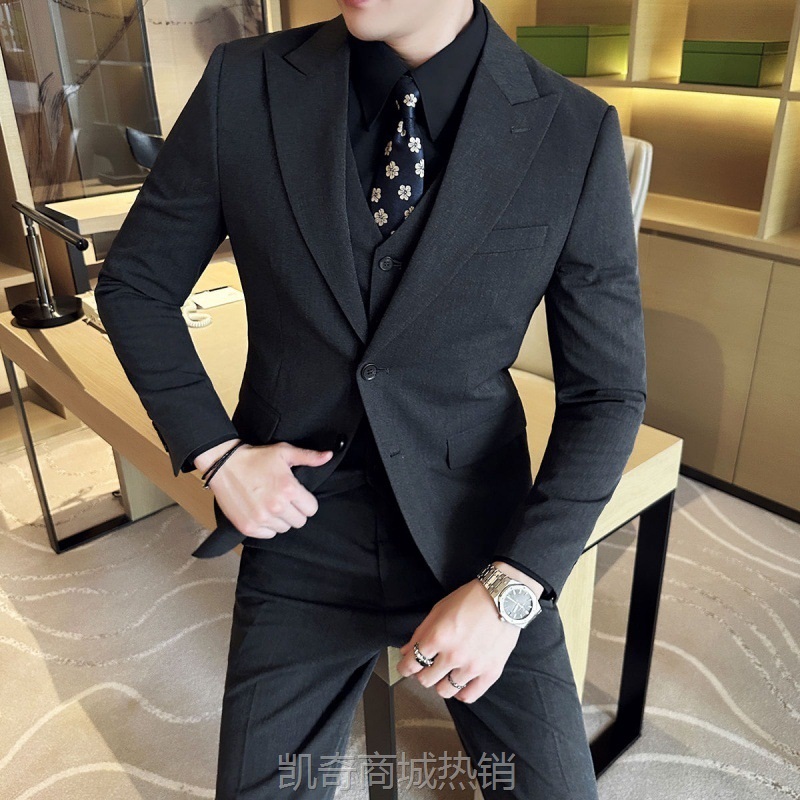 宽领戗驳领西服商务正装三件套双开叉结婚新郎西装套装男修身