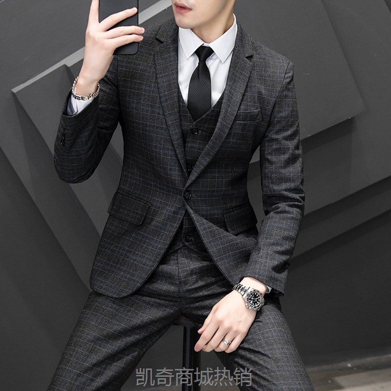 春秋季新款格子西装套装男士韩版修身青年休闲西服三件套单西外套