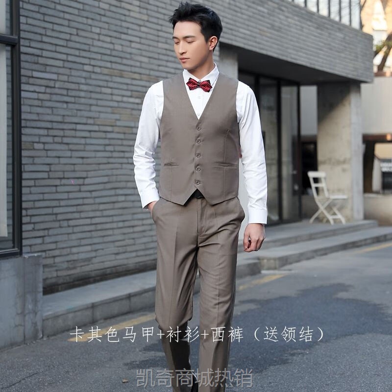 钱红三件套伴郎服西服套装男兄弟装团冬季西装马甲西裤新郎结婚礼