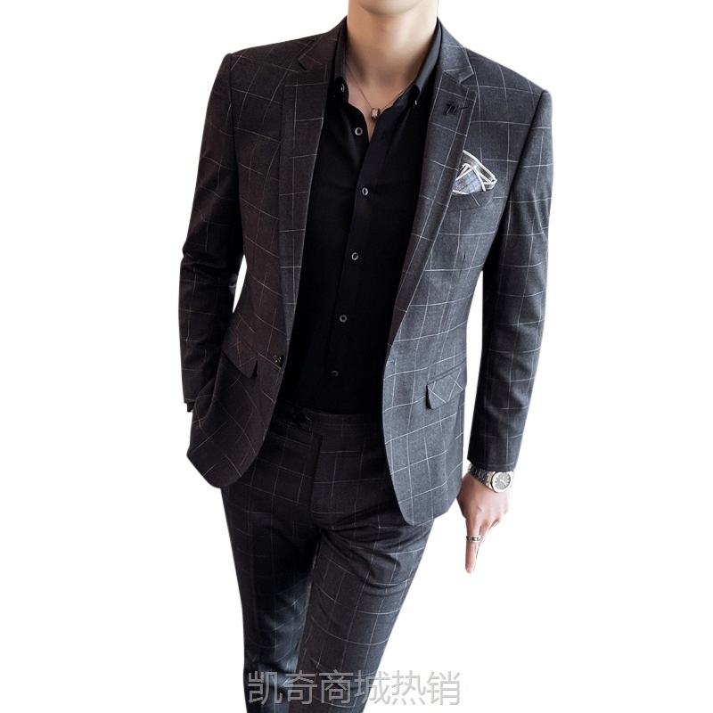 格子西服套装男士两件套商务正装小西装韩版修身伴郎新郎结婚礼服