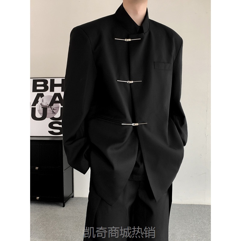 春季新中式中山装立领金属扣男士西服结婚礼服休闲西装复古外套潮